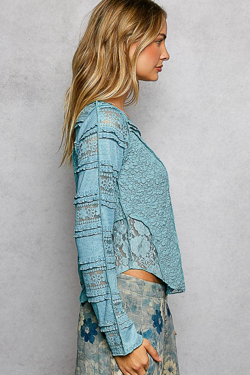 Long Sleeve Round Neck Lace Texture Knit Slim Fit Top - The Elevated Hippie