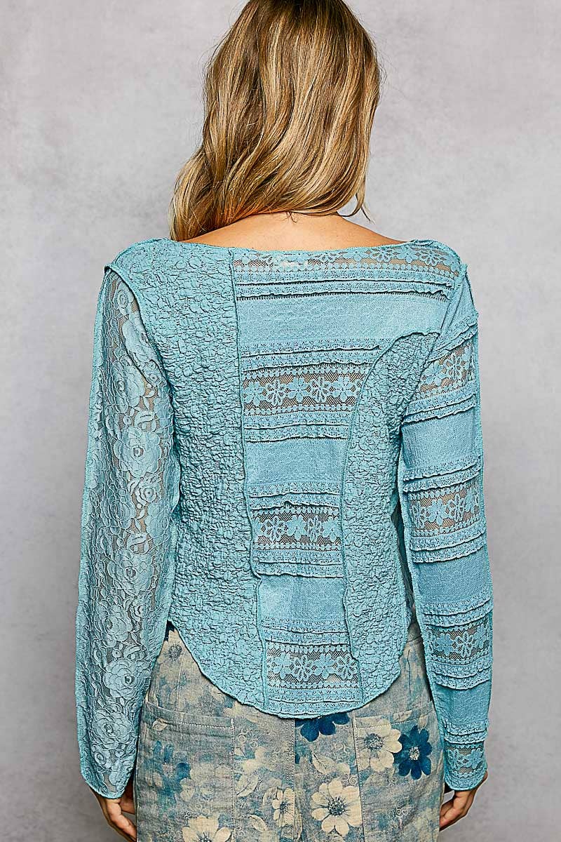 Long Sleeve Round Neck Lace Texture Knit Slim Fit Top - The Elevated Hippie