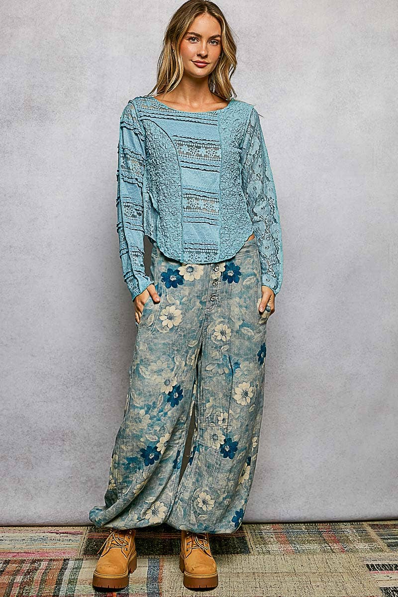 Long Sleeve Round Neck Lace Texture Knit Slim Fit Top - The Elevated Hippie