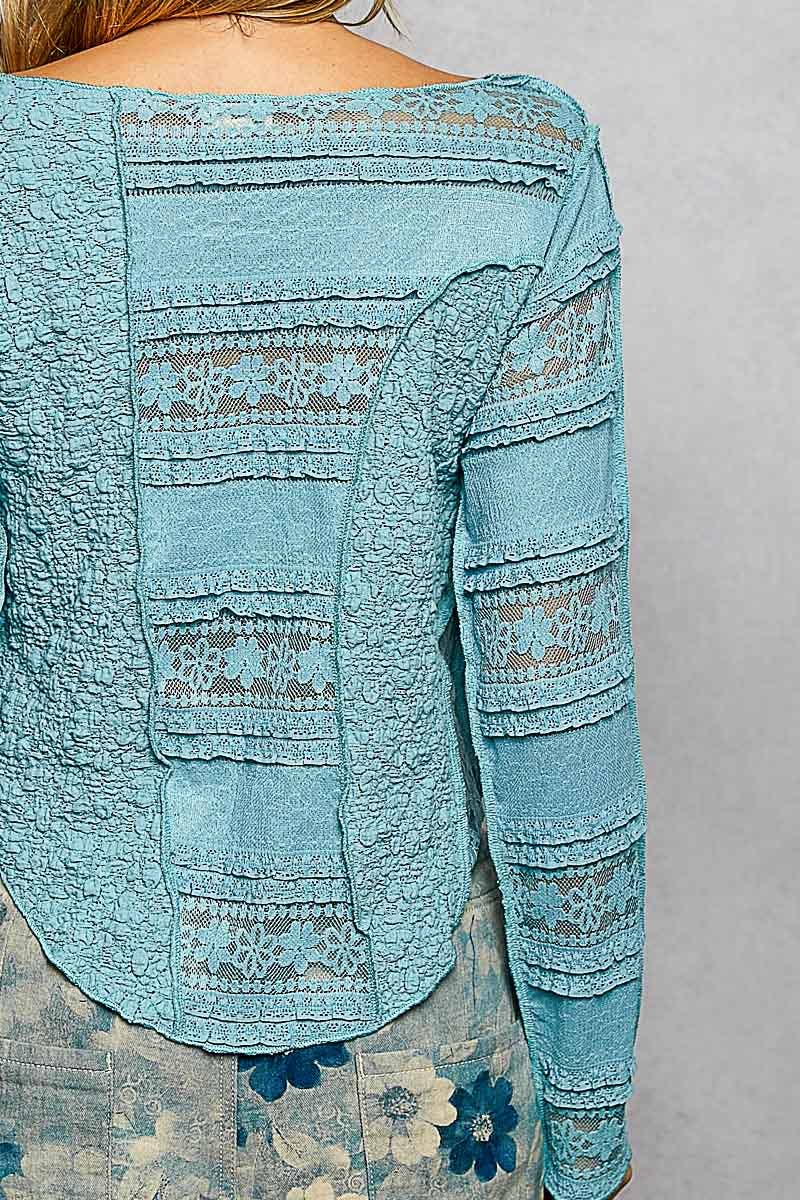 Long Sleeve Round Neck Lace Texture Knit Slim Fit Top - The Elevated Hippie