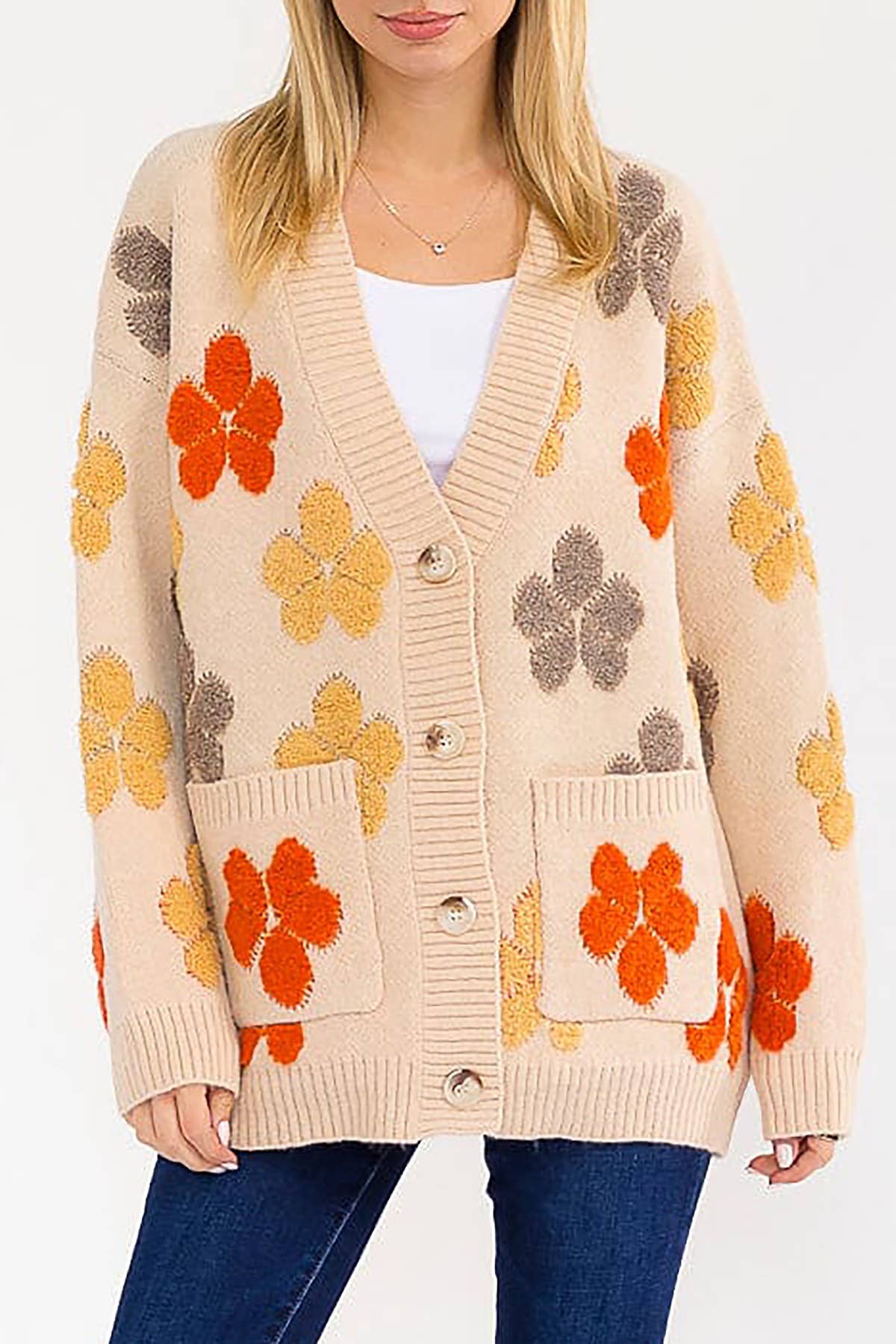 FLORAL DETAIL POCKETS BUTTON DOWN SWEATER CARDIGAN - The Elevated Hippie