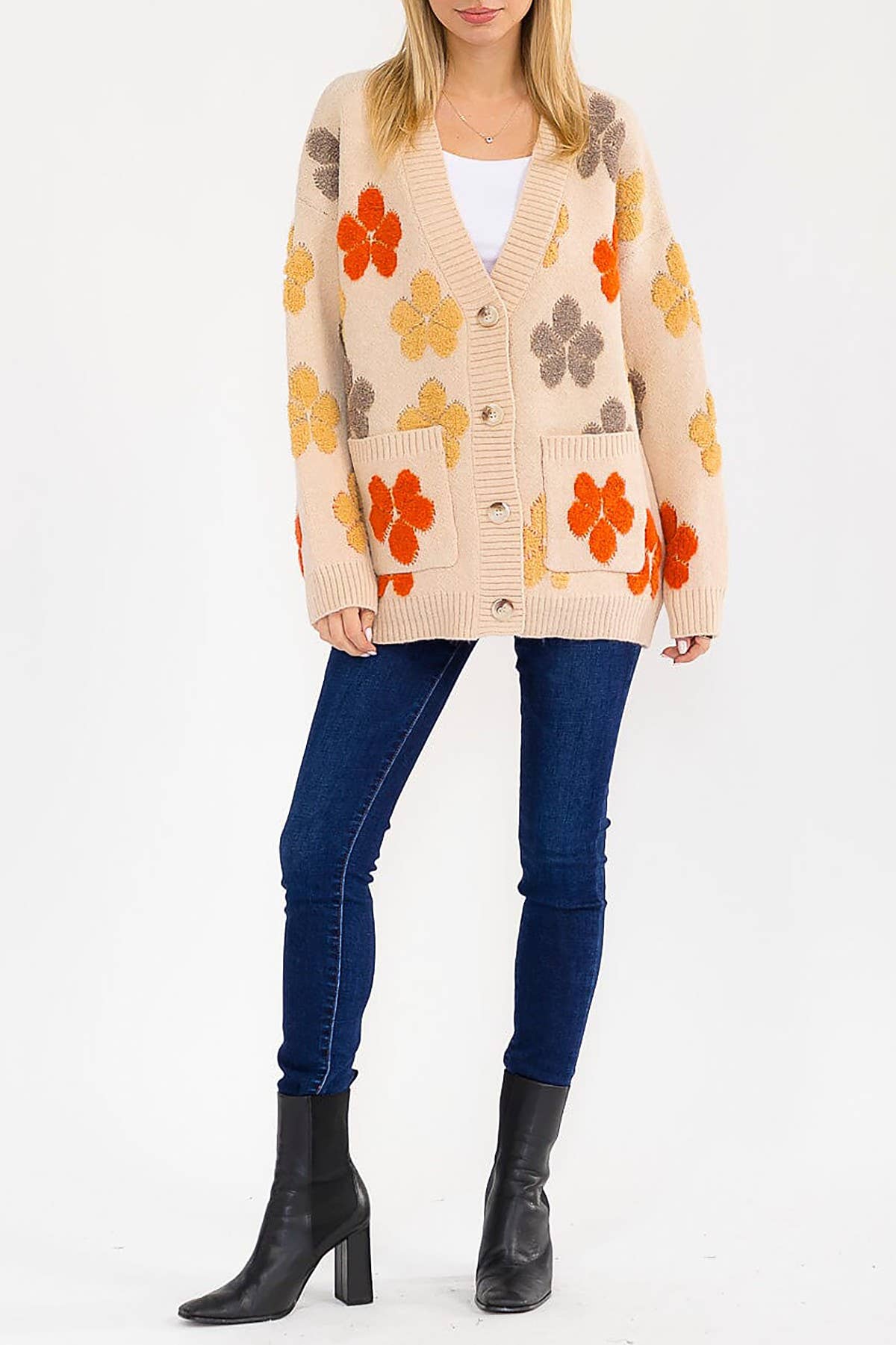 FLORAL DETAIL POCKETS BUTTON DOWN SWEATER CARDIGAN - The Elevated Hippie