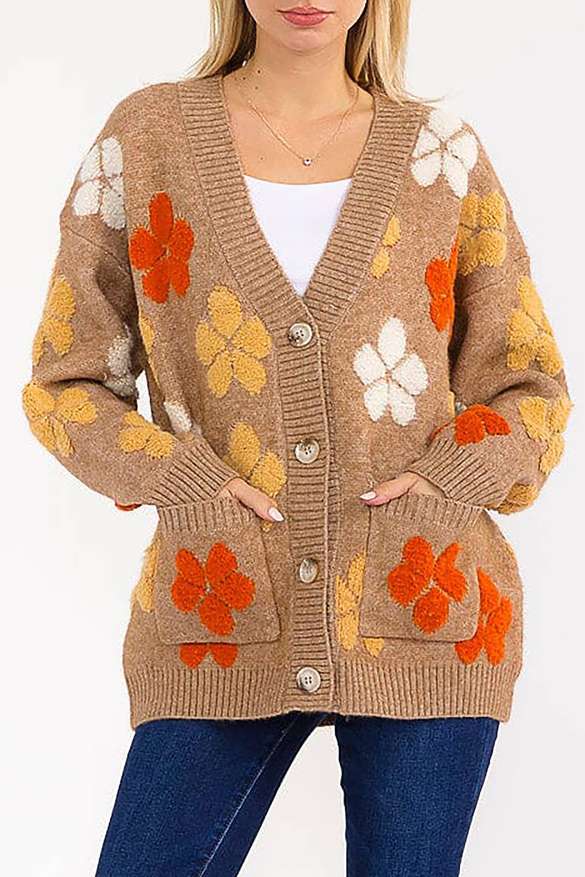 FLORAL DETAIL POCKETS BUTTON DOWN SWEATER CARDIGAN - The Elevated Hippie