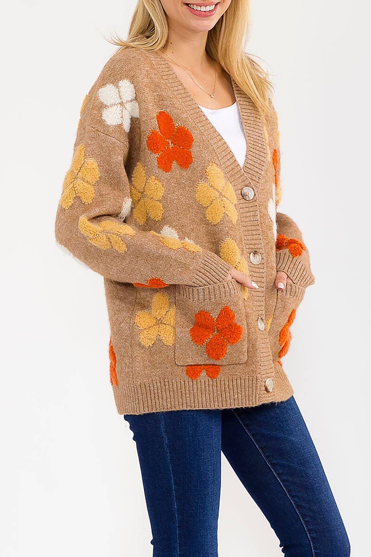 FLORAL DETAIL POCKETS BUTTON DOWN SWEATER CARDIGAN - The Elevated Hippie