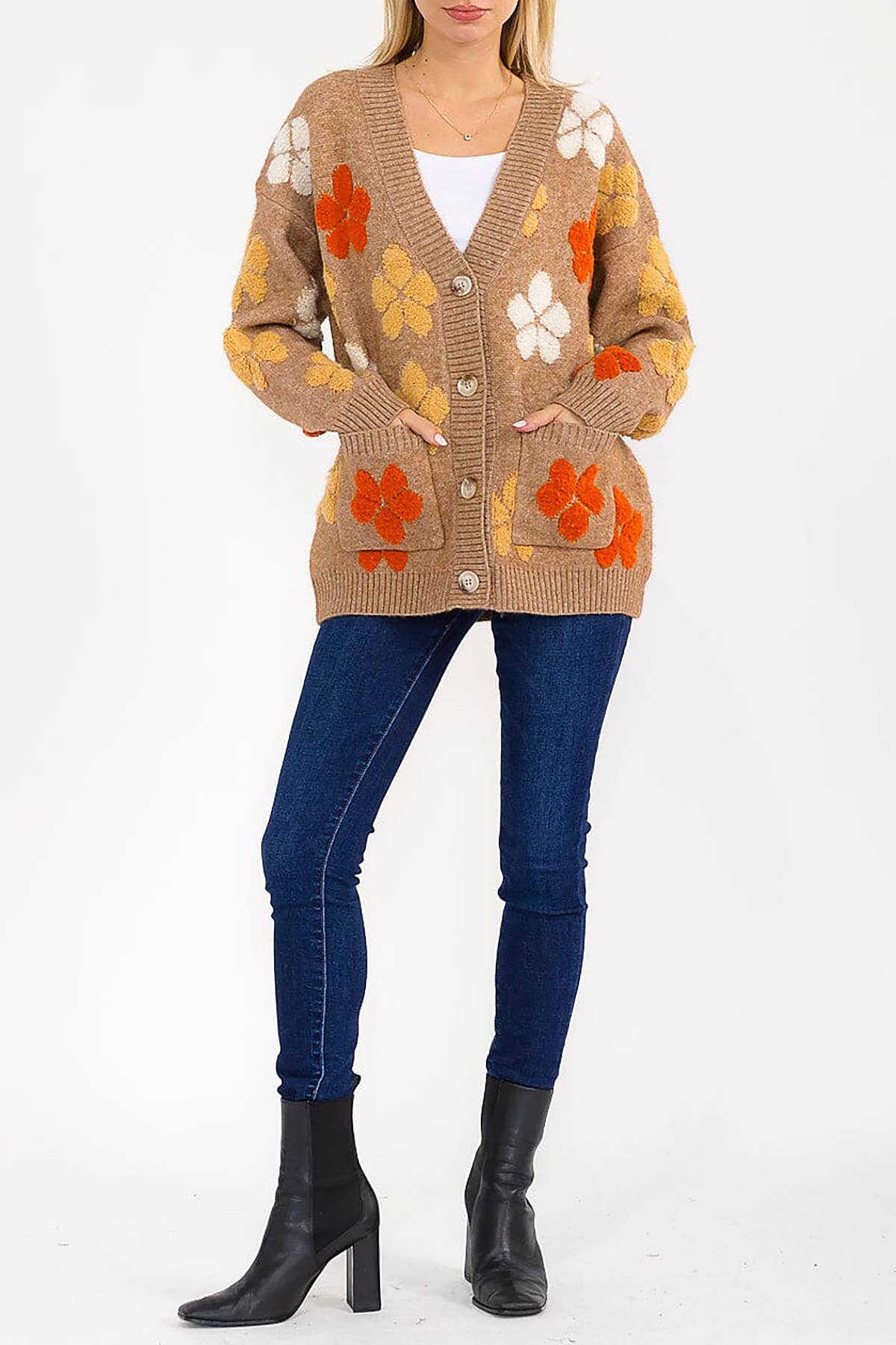 FLORAL DETAIL POCKETS BUTTON DOWN SWEATER CARDIGAN - The Elevated Hippie