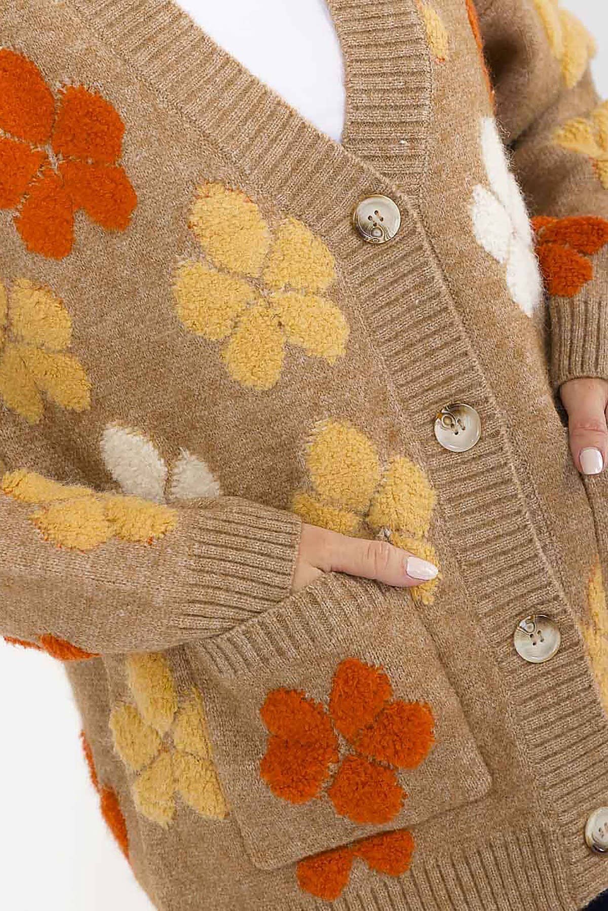 FLORAL DETAIL POCKETS BUTTON DOWN SWEATER CARDIGAN - The Elevated Hippie