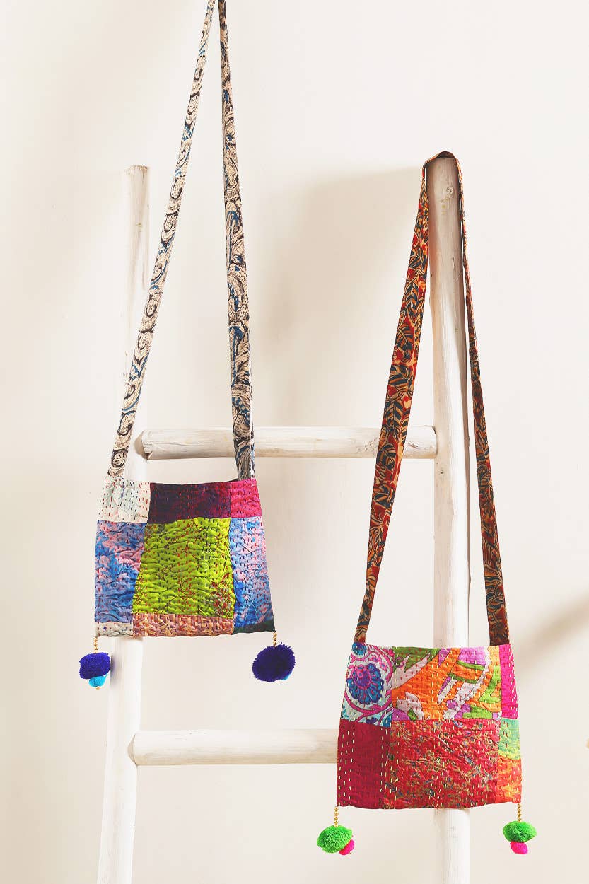 Silk Kantha Pom Pom Bag - The Elevated Hippie