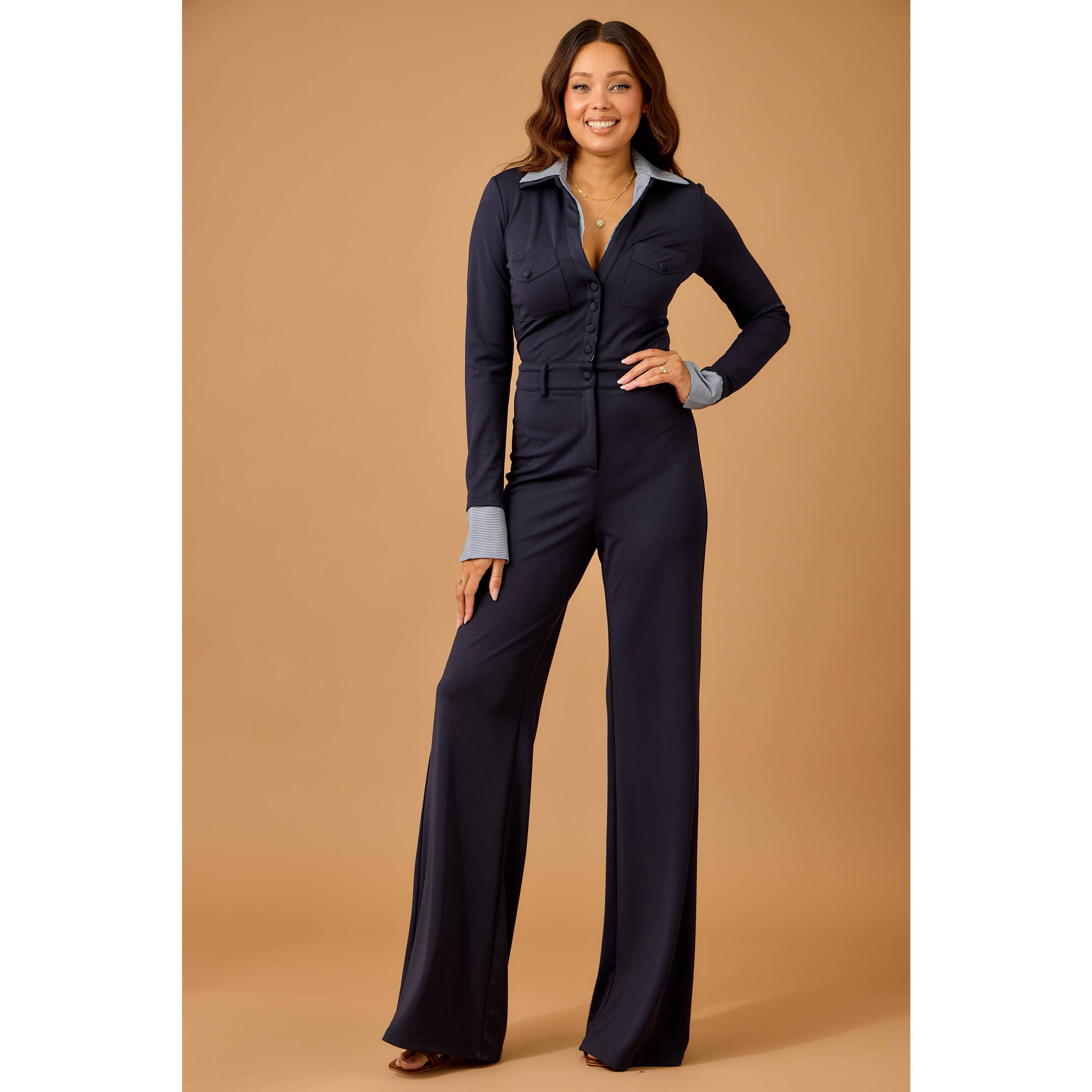 Fall Polished navy stretch jumpsuit - The Elevated Hippie