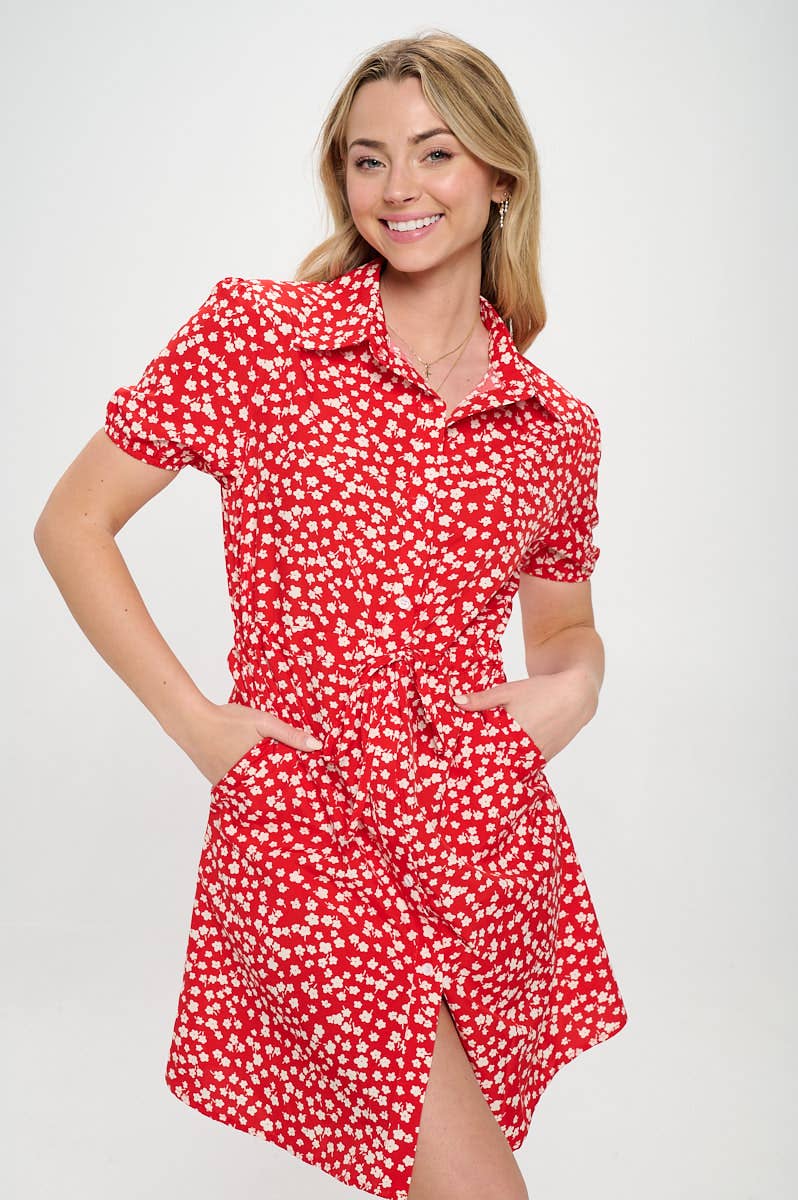 RED POPPY PRINT BUTTON UP DRESS - The Elevated Hippie