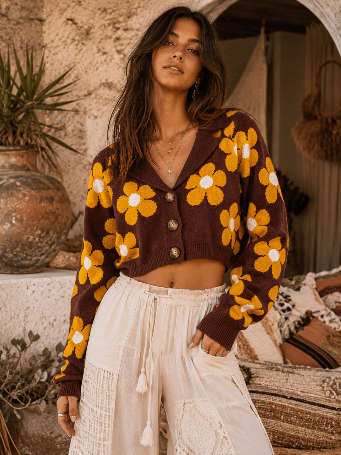 Women's Long Sleeve V-Neck Button Up Floral Colorblock Sweater
