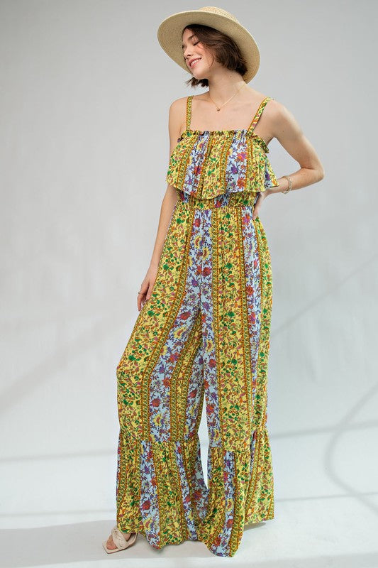 Boho Border Print Gauze Jumpsuit – Ruffle Trim Wide Leg One-Piece with Hidden Button Straps - The Elevated Hippie