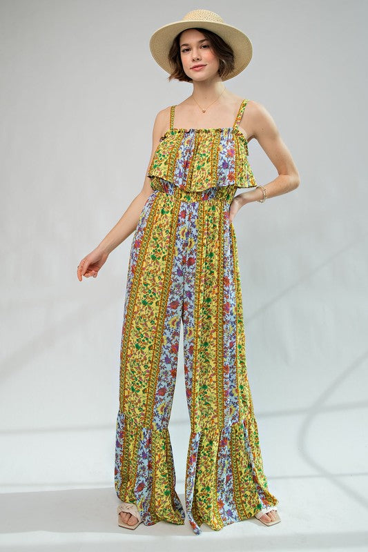 Boho Border Print Gauze Jumpsuit – Ruffle Trim Wide Leg One-Piece with Hidden Button Straps - The Elevated Hippie