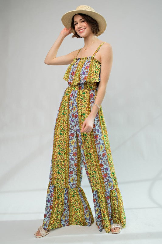 Boho Border Print Gauze Jumpsuit – Ruffle Trim Wide Leg One-Piece with Hidden Button Straps - The Elevated Hippie