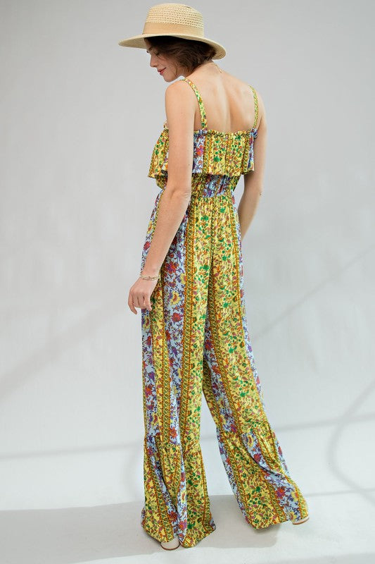 Boho Border Print Gauze Jumpsuit – Ruffle Trim Wide Leg One-Piece with Hidden Button Straps - The Elevated Hippie