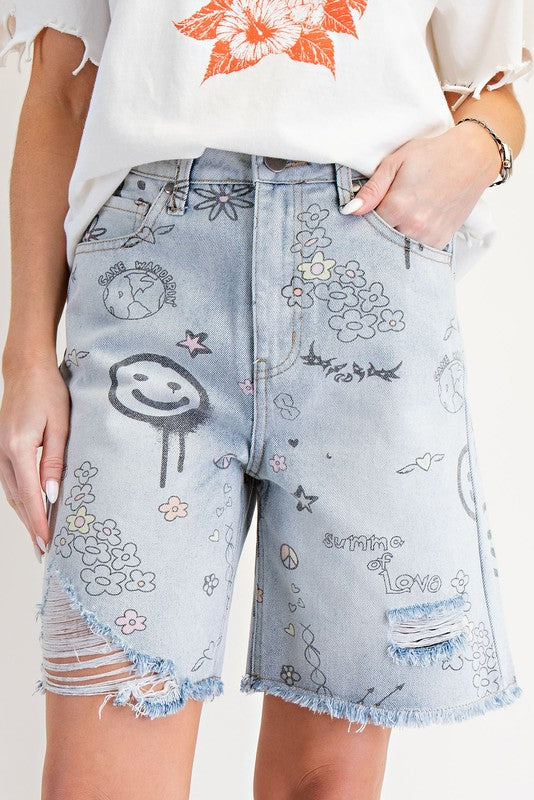 Printed Washed Denim Shorts – Distressed Mid-Length Wide Leg Jean Shorts - The Elevated Hippie