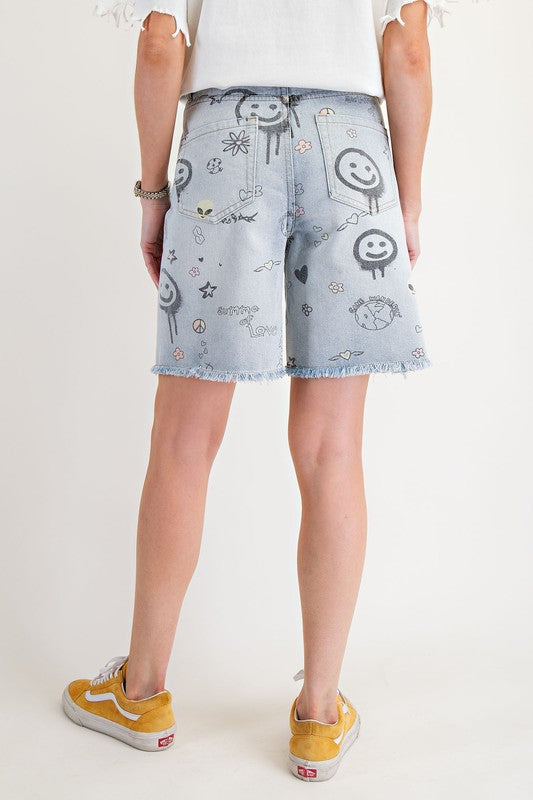 Printed Washed Denim Shorts – Distressed Mid-Length Wide Leg Jean Shorts - The Elevated Hippie