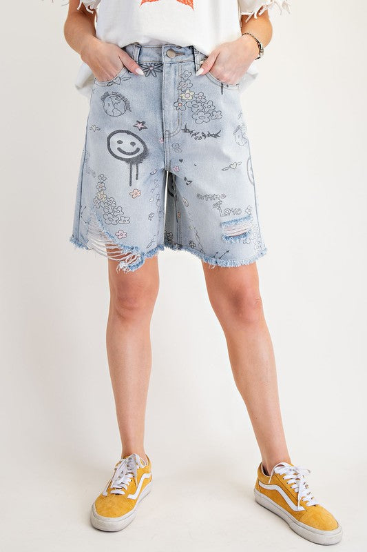 Printed Washed Denim Shorts – Distressed Mid-Length Wide Leg Jean Shorts - The Elevated Hippie