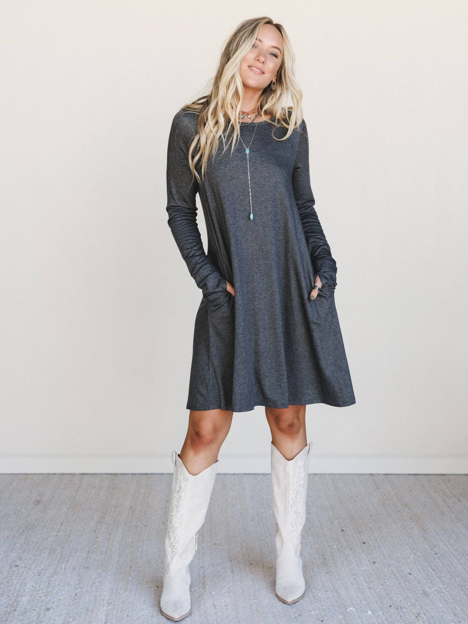 Jake Long Sleeve Crewneck Dress - Charcoal - The Elevated Hippie