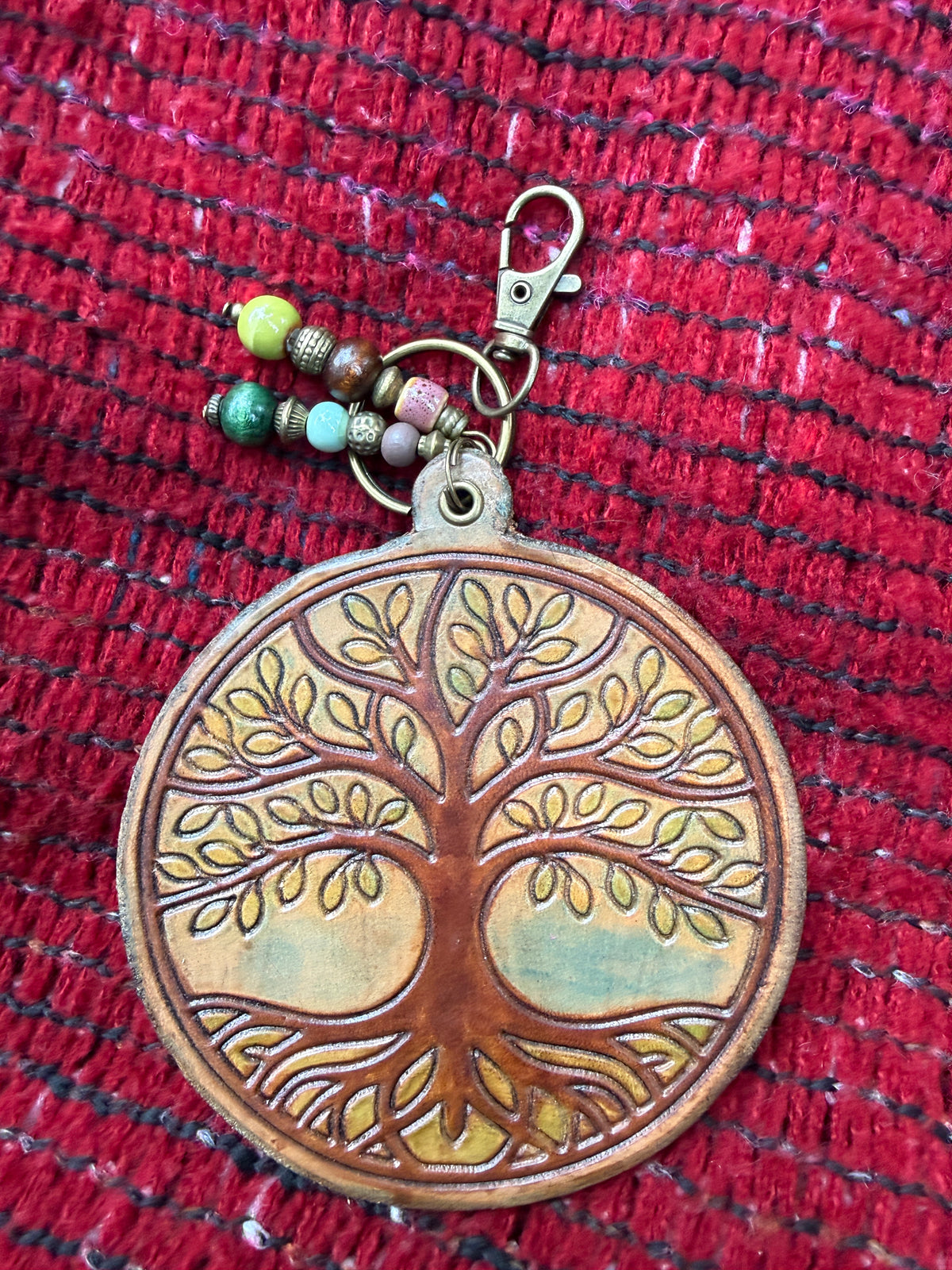 Hand-tooled leather Tree of Life bag charm