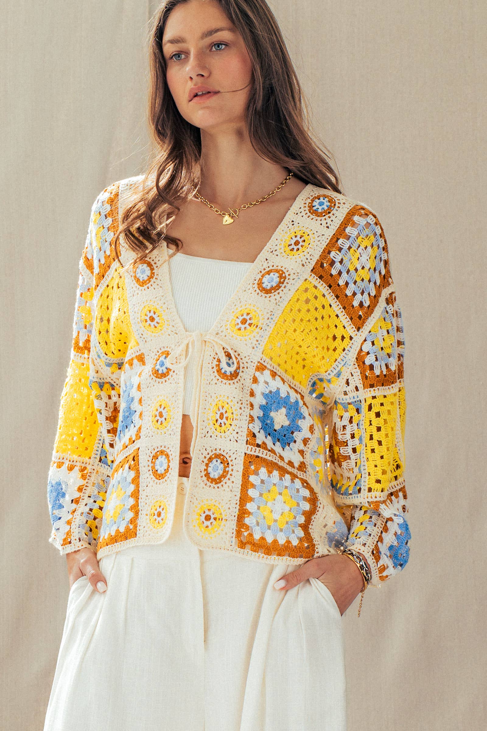 Granny Square Crochet Tie-Front Cardigan - The Elevated Hippie