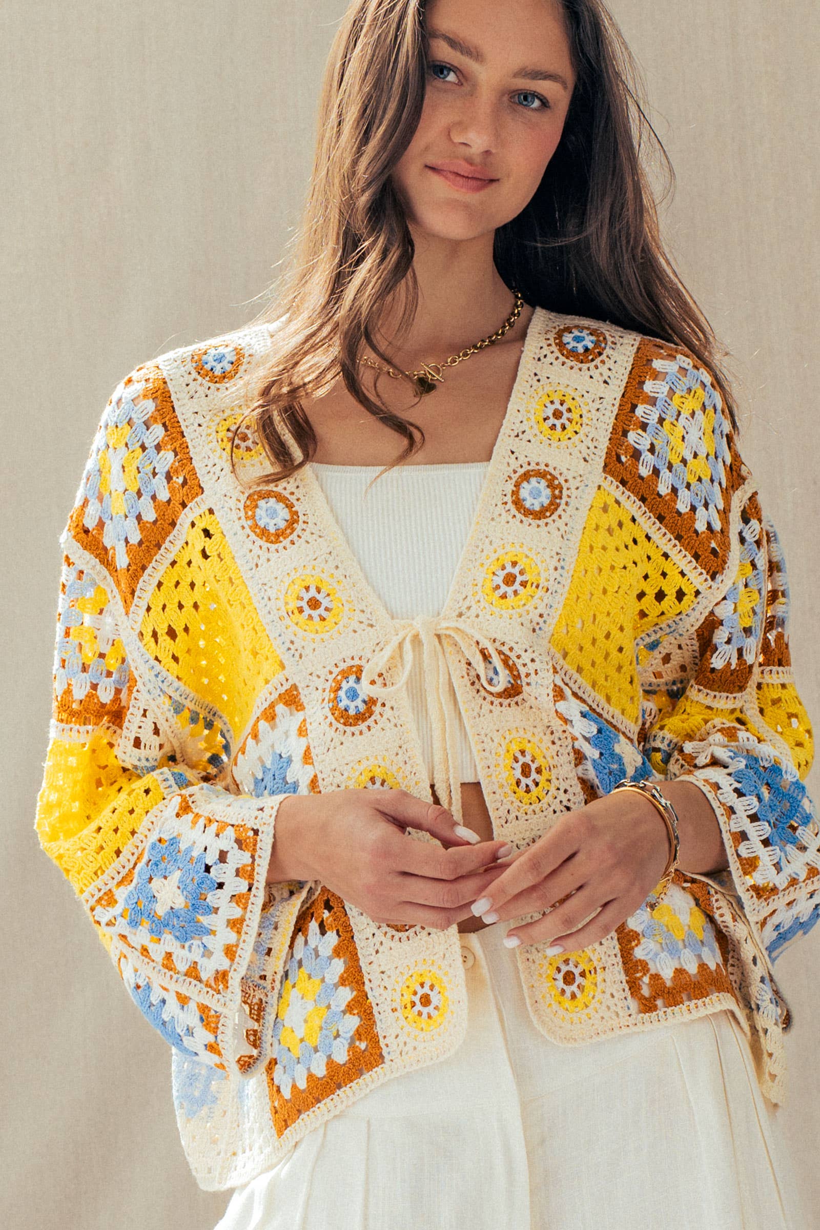 Granny Square Crochet Tie-Front Cardigan - The Elevated Hippie