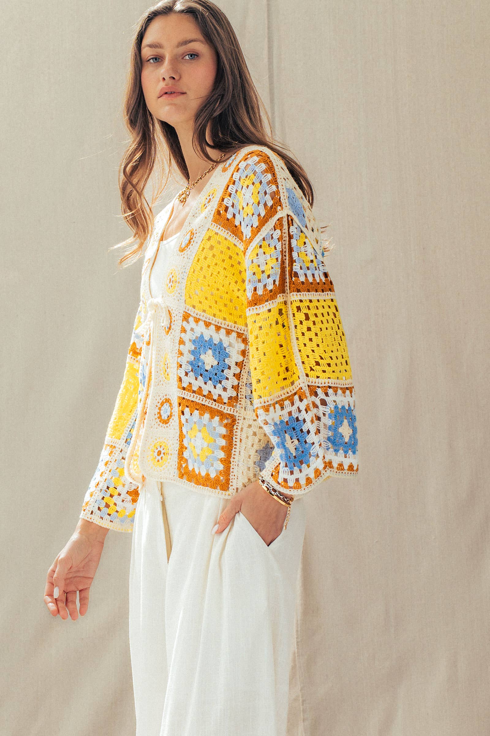 Granny Square Crochet Tie-Front Cardigan - The Elevated Hippie