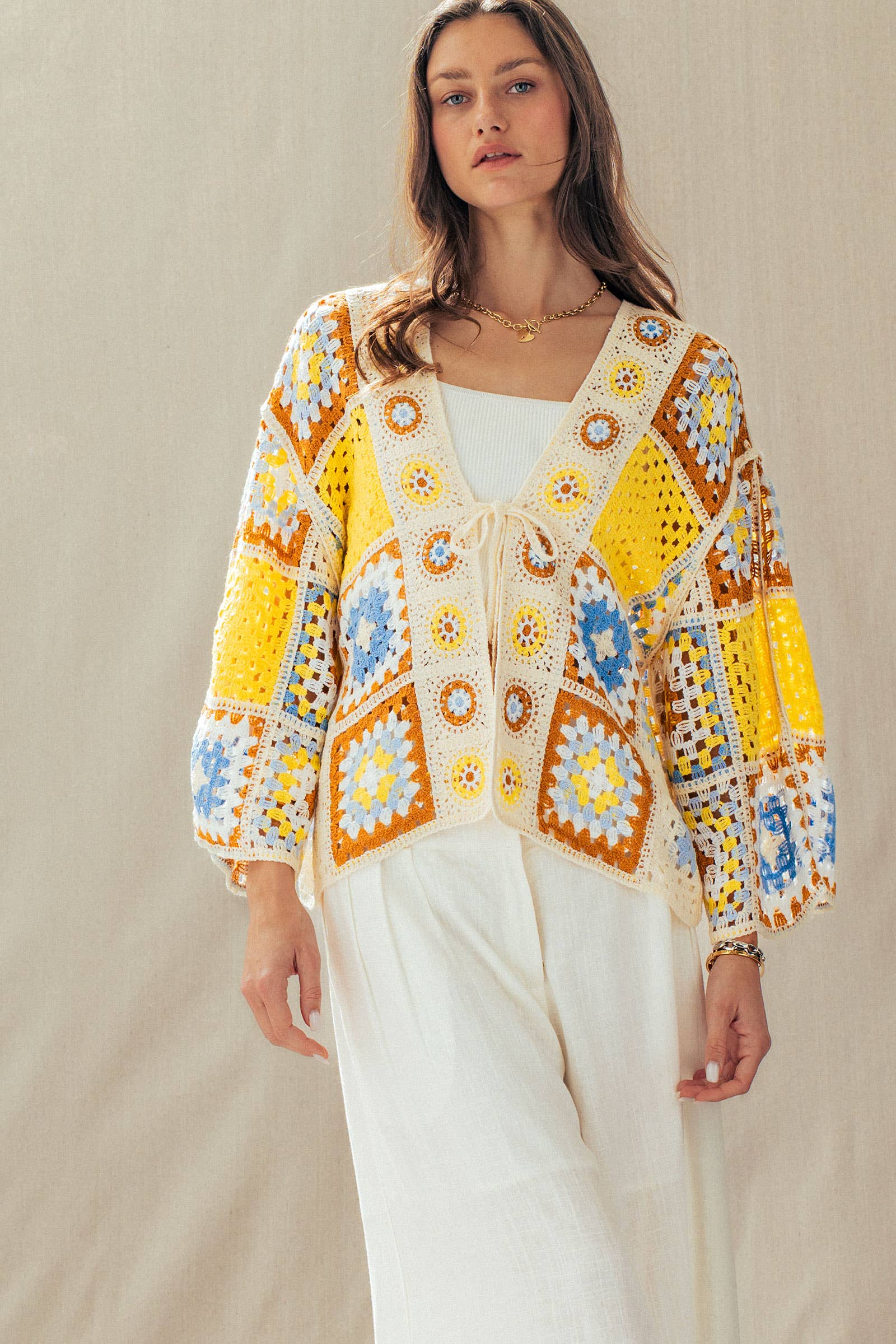 Granny Square Crochet Tie-Front Cardigan - The Elevated Hippie