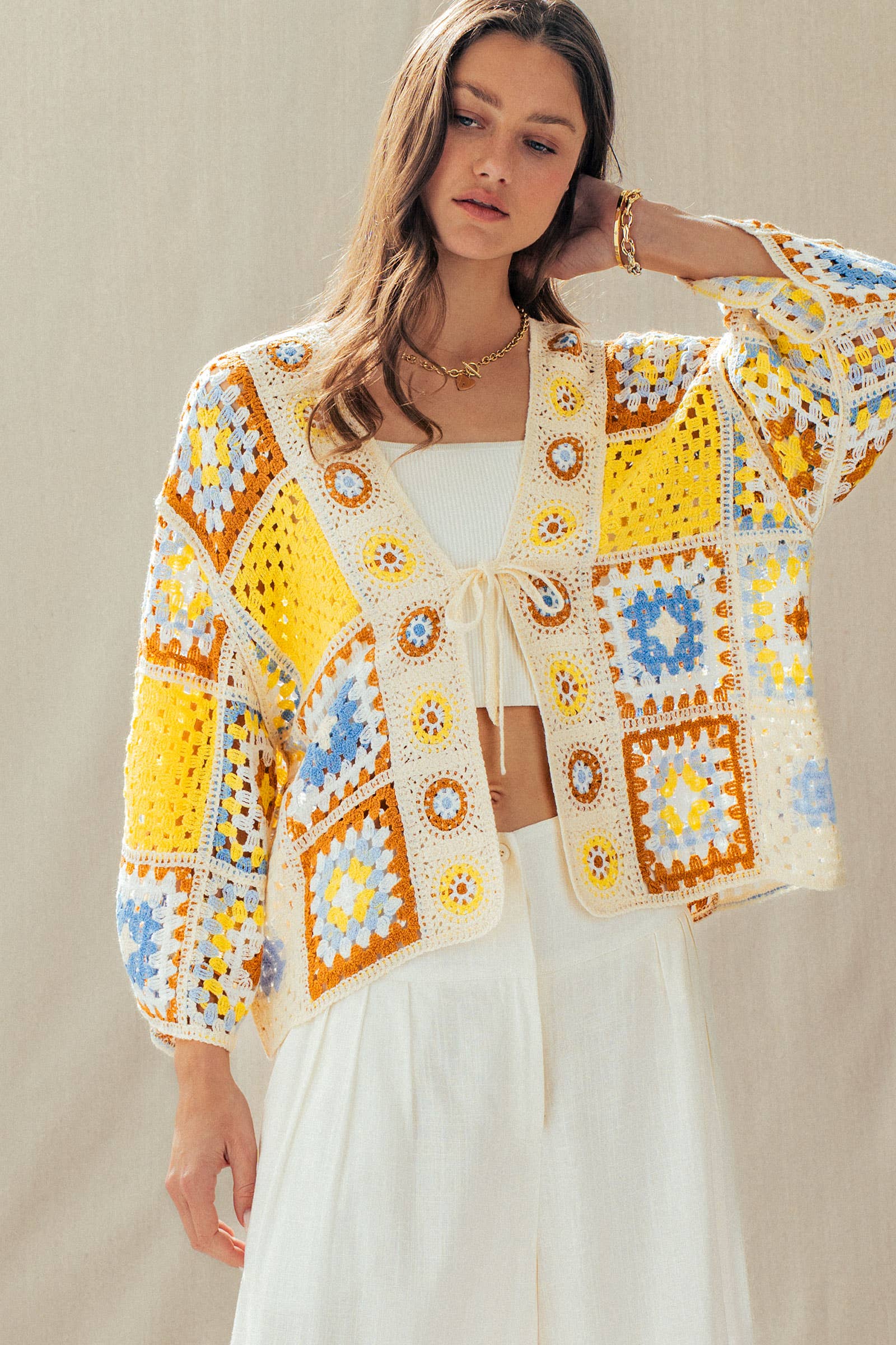 Granny Square Crochet Tie-Front Cardigan - The Elevated Hippie