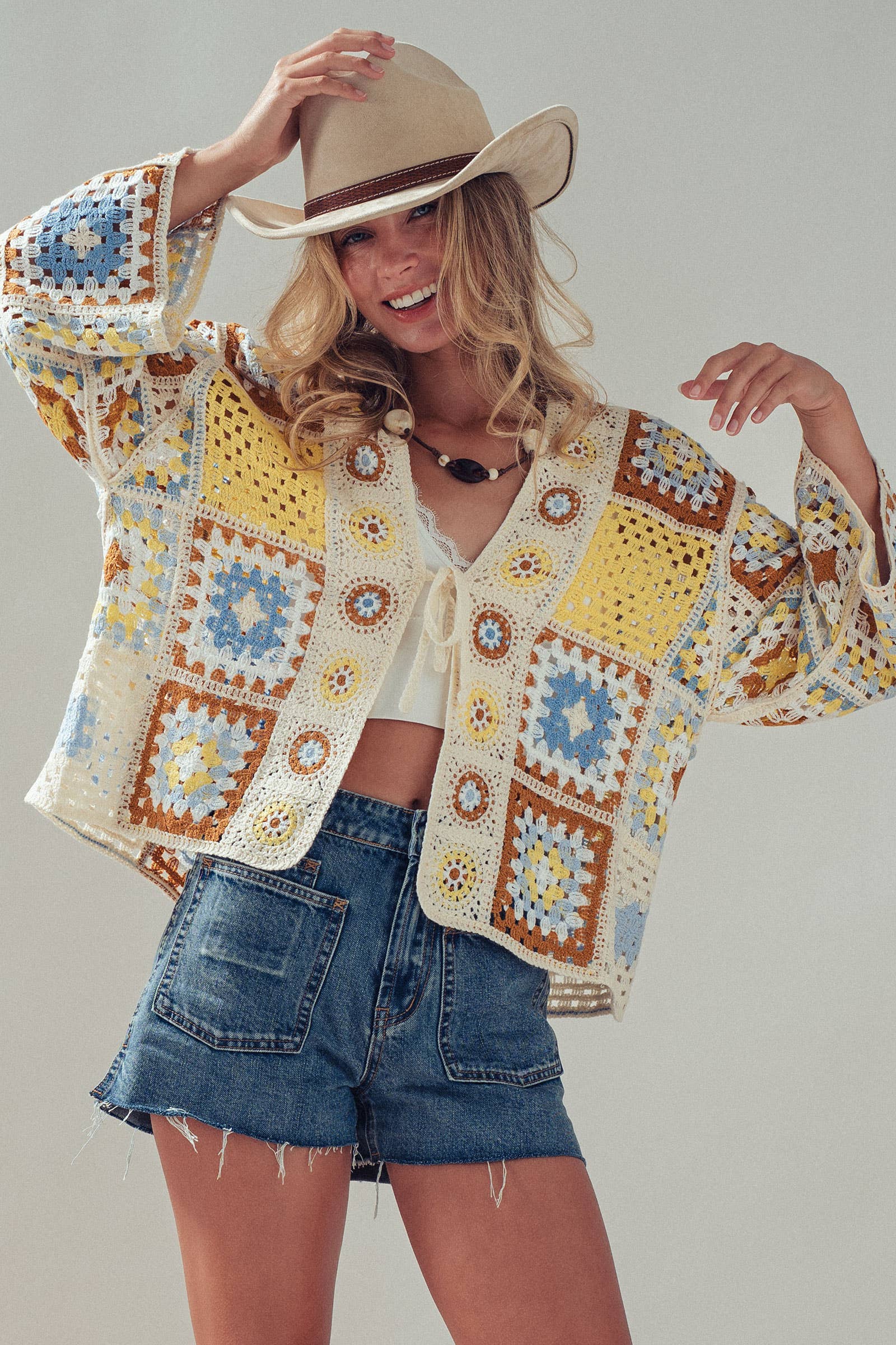 Granny Square Crochet Tie-Front Cardigan - The Elevated Hippie