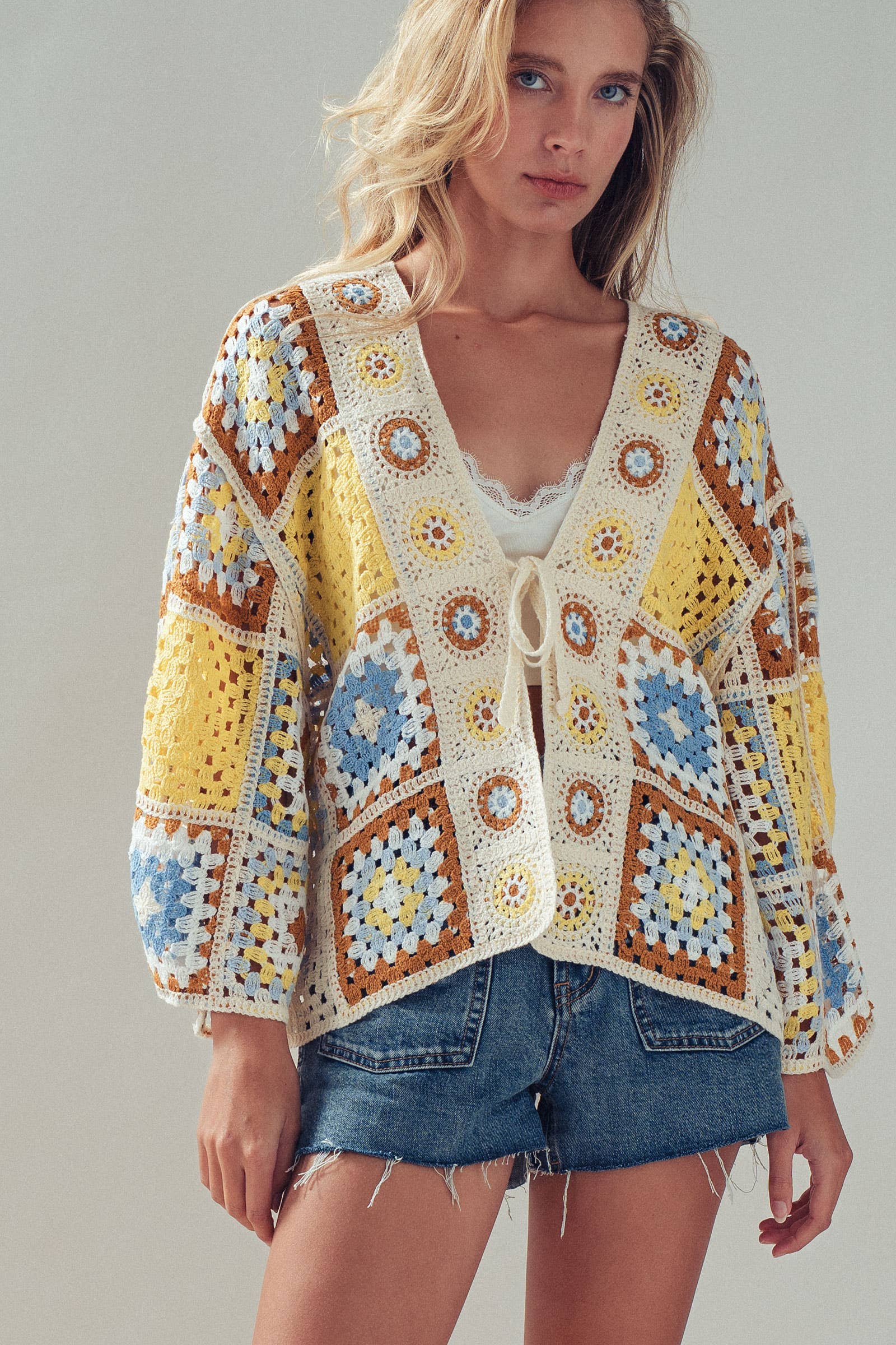 Granny Square Crochet Tie-Front Cardigan - The Elevated Hippie