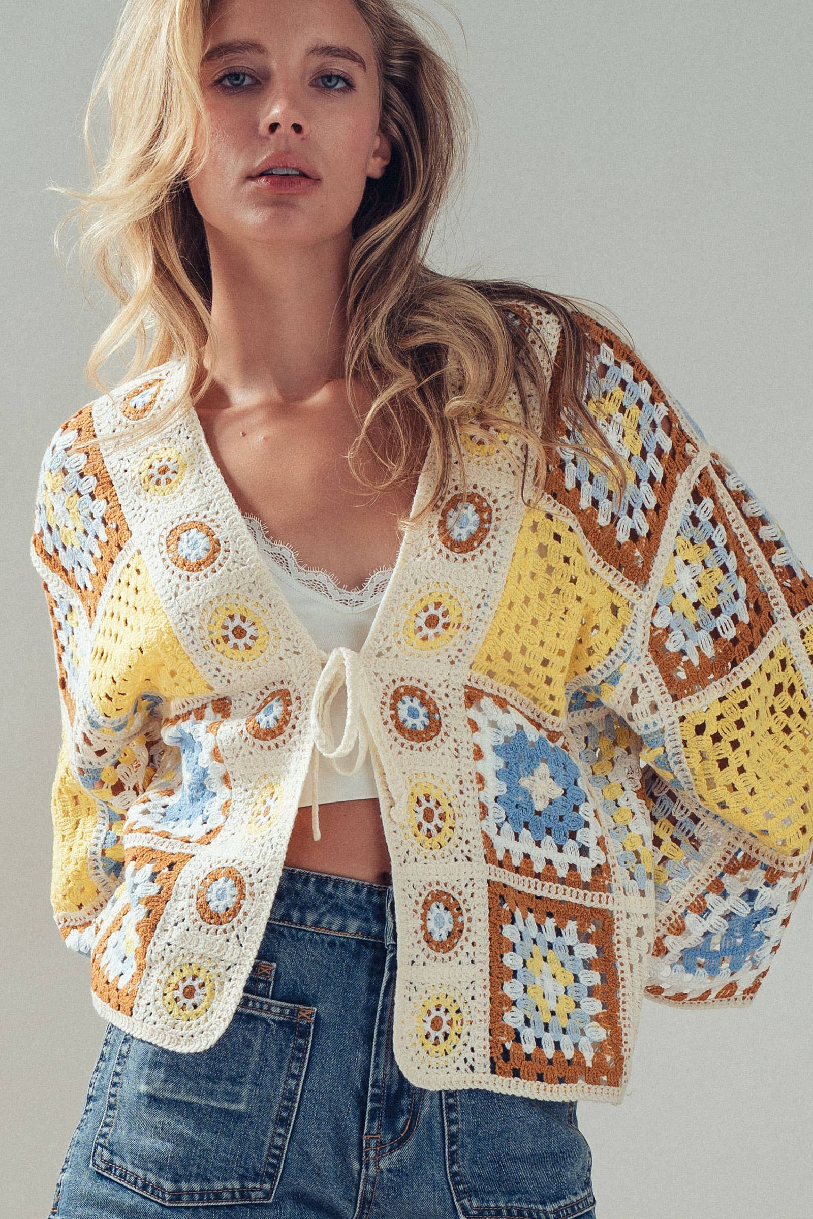 Granny Square Crochet Tie-Front Cardigan - The Elevated Hippie