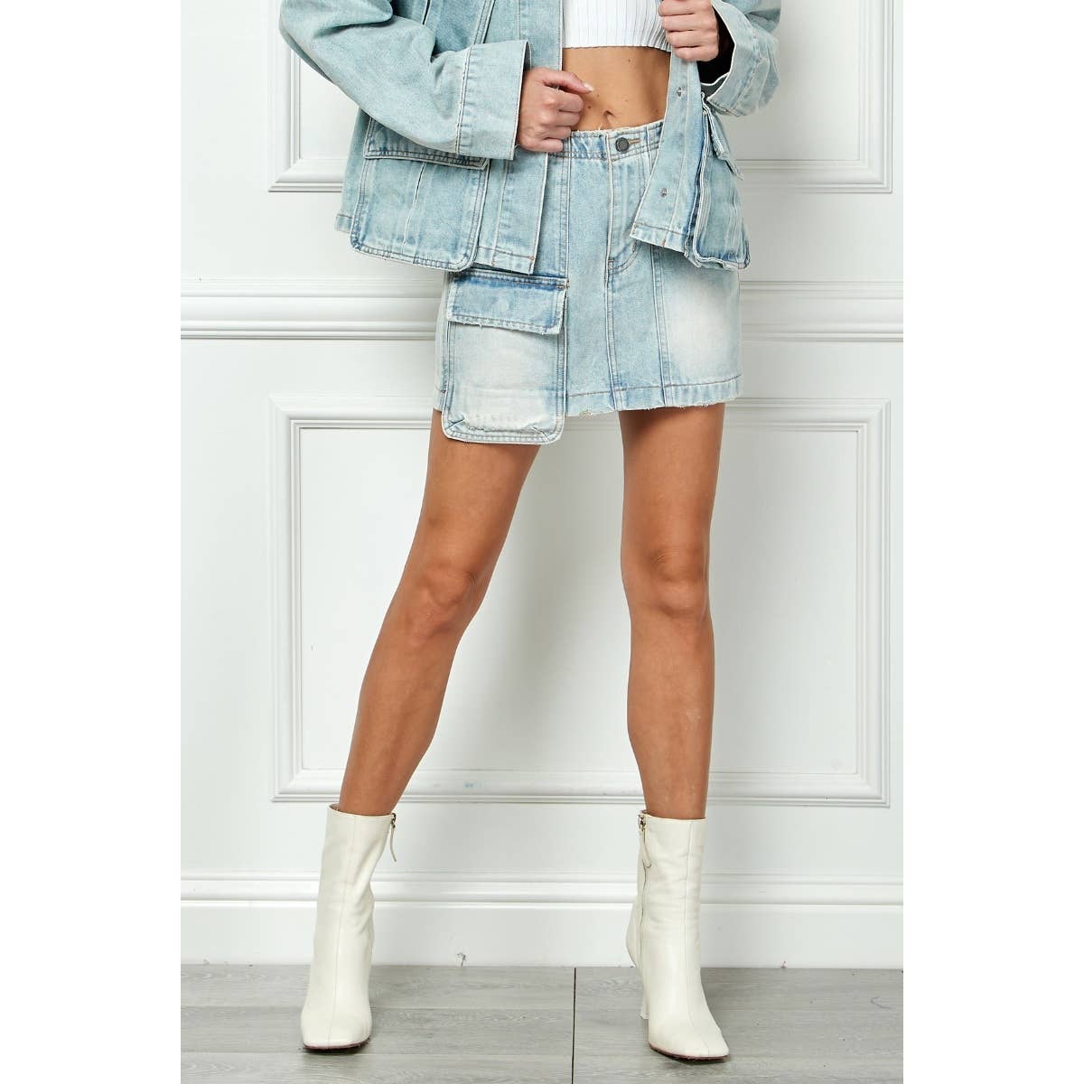 Light Wash Denim Mini Skirt with Cargo Pocket – Boho Mid-Rise Cotton - The Elevated Hippie