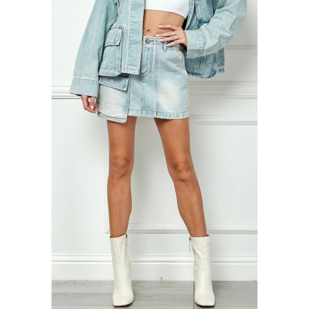 Light Wash Denim Mini Skirt with Cargo Pocket – Boho Mid-Rise Cotton - The Elevated Hippie