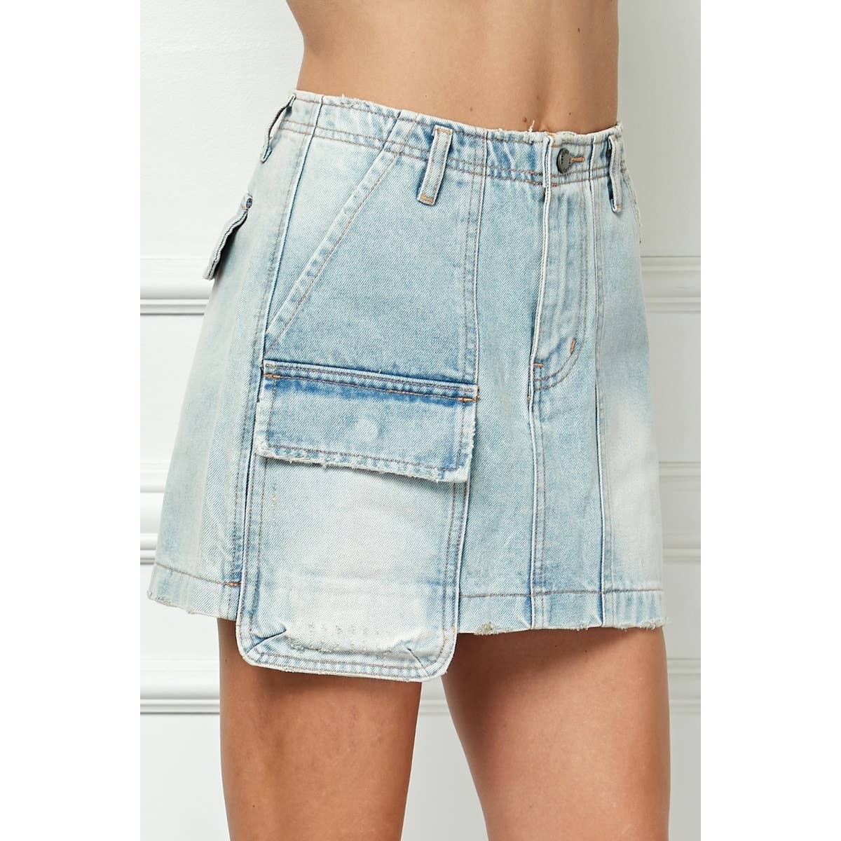 Light Wash Denim Mini Skirt with Cargo Pocket – Boho Mid-Rise Cotton - The Elevated Hippie