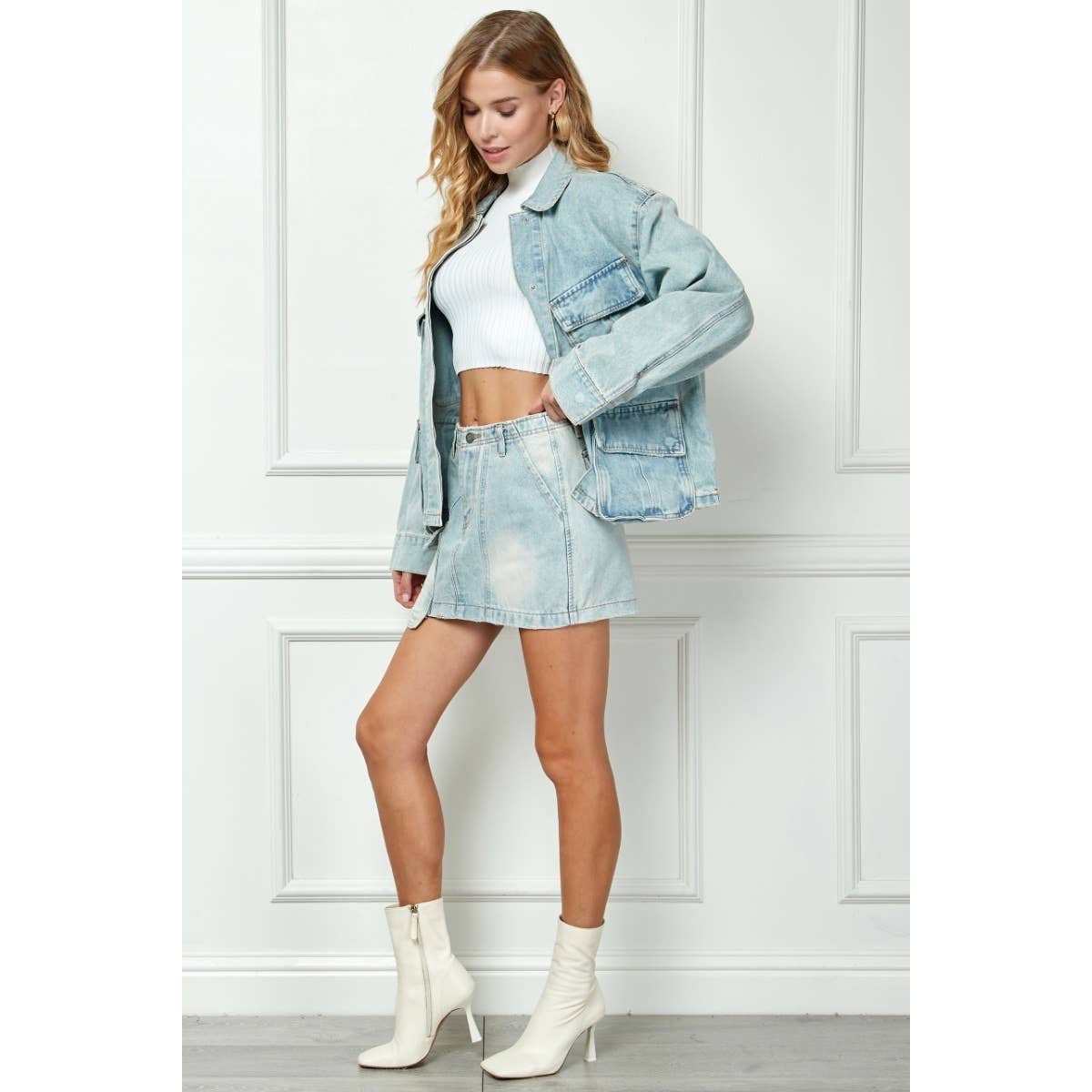 Light Wash Denim Mini Skirt with Cargo Pocket – Boho Mid-Rise Cotton - The Elevated Hippie