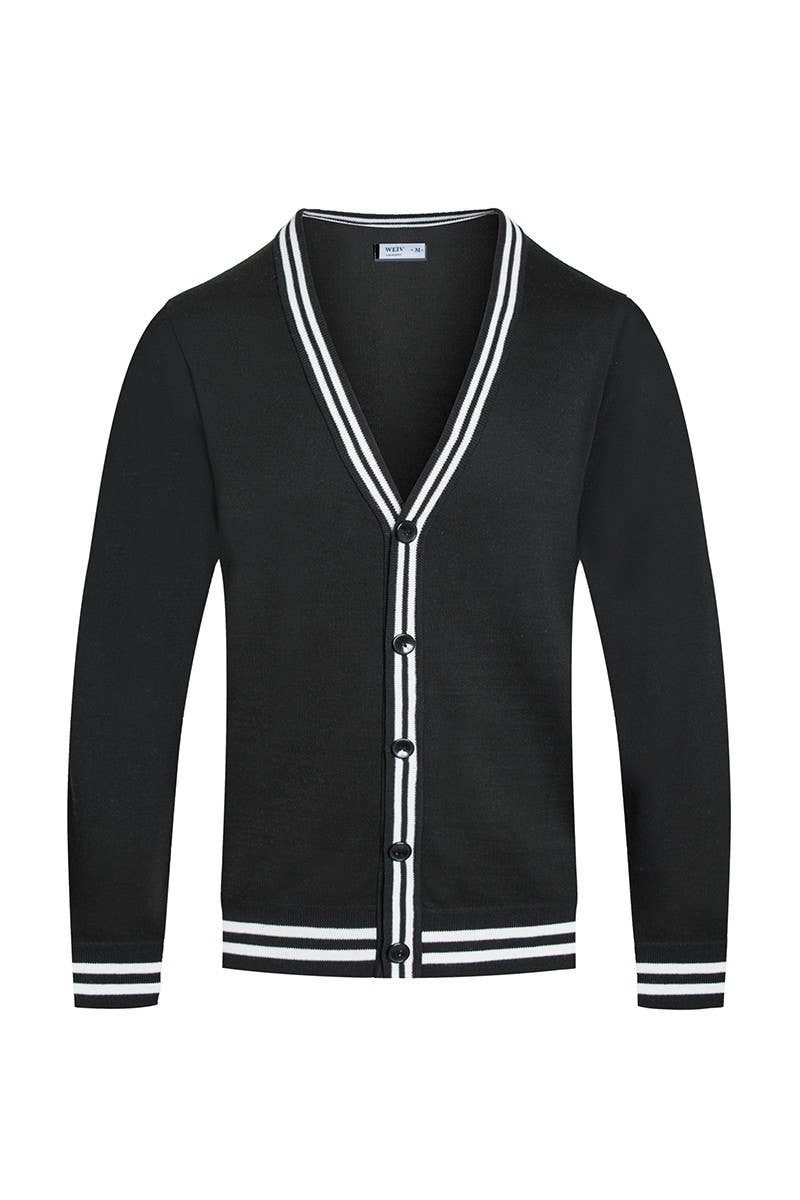 Mens Two Stripe Knit Cardigan Sweater - Black - The Elevated Hippie