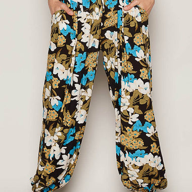 Women's Floral Print Harem Pants – Adjustable Waist Woven Boho Lounge Pants - The Elevated Hippie