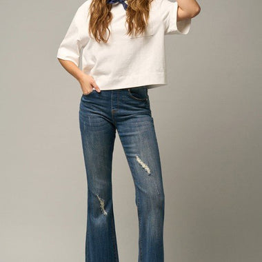 Women's Frayed Flare Jeans – Wide Elastic Waist, Dark Denim, Stretch Fit - The Elevated Hippie