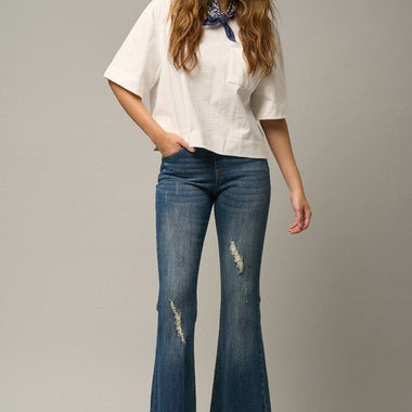 Women's Frayed Flare Jeans – Wide Elastic Waist, Dark Denim, Stretch Fit - The Elevated Hippie