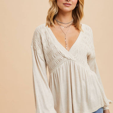 Women's Long Sleeve V-Neck Babydoll Blouse with Smocking & Balloon Sleeves - The Elevated Hippie