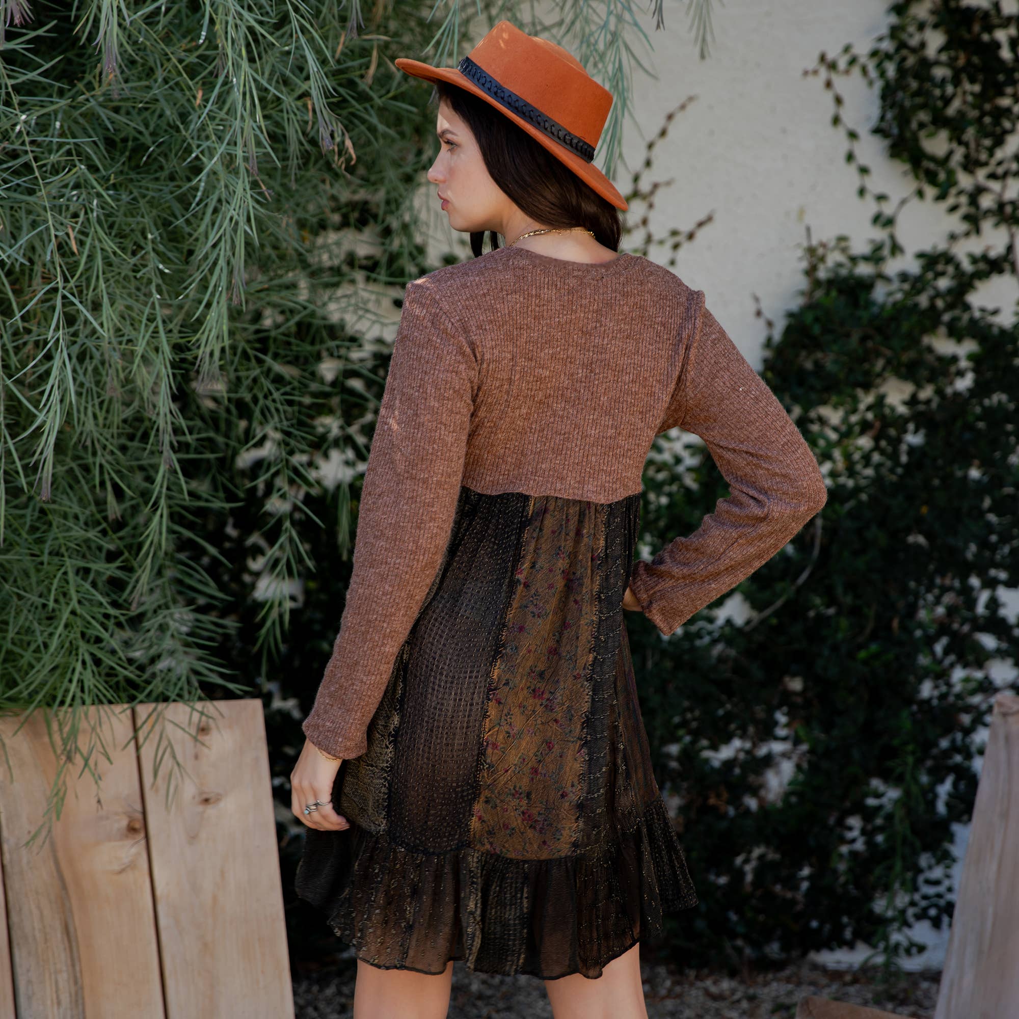 Cozy Sweater Knit Babydoll Dress with Patch Panels & Zipper - The Elevated Hippie