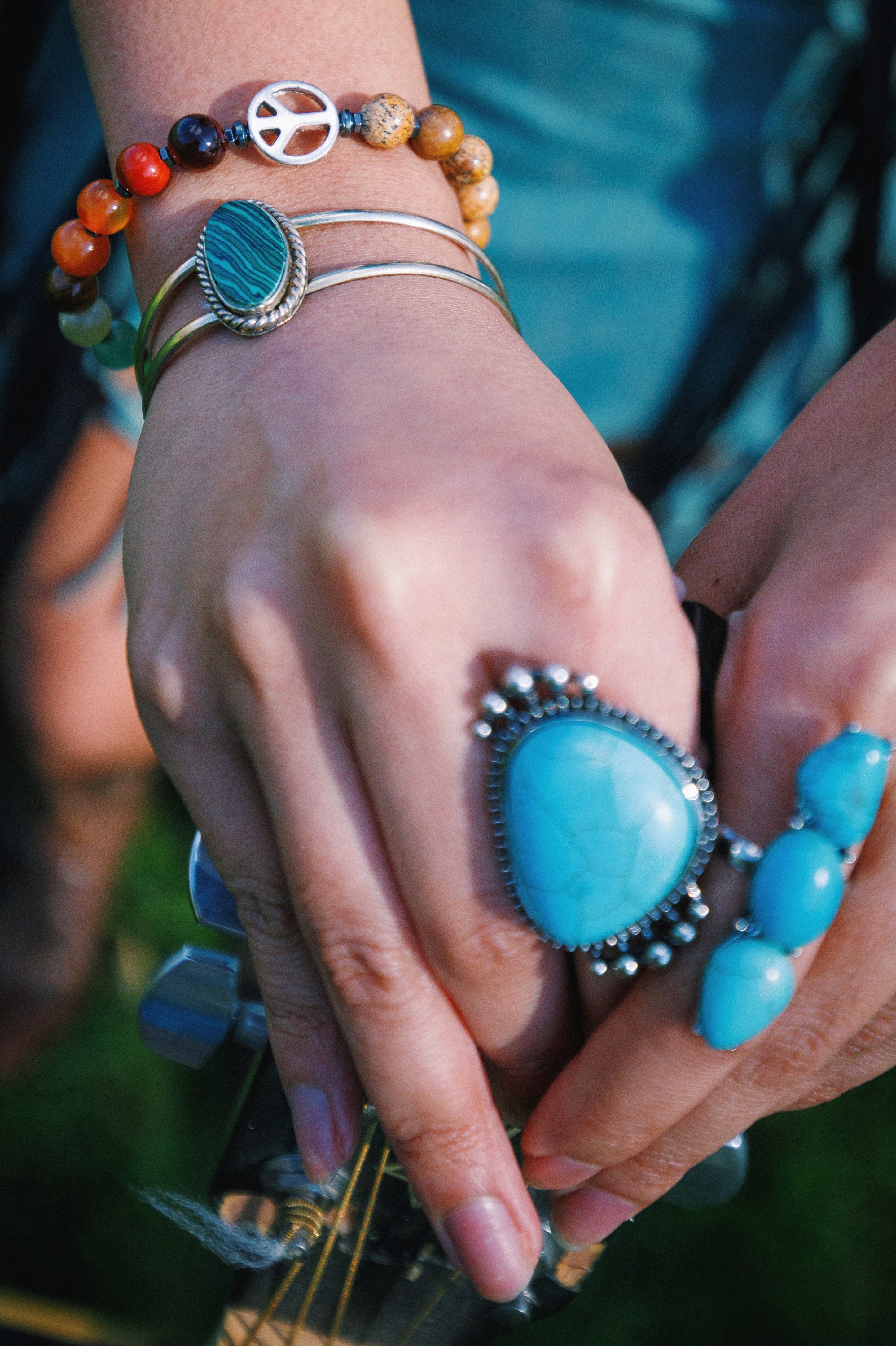 Vintage Bohemian Style Turquoise Two-Piece Ring Set for Women boho clothing, festival outfit, hippie style apparel | Elevated Hippie