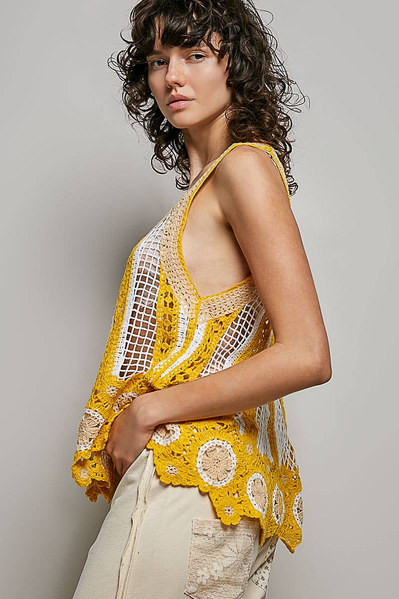 V-Neck Sleeveless Scalloped Edge Stripe Border Crochet Top boho clothing, festival outfit, hippie style apparel | Elevated Hippie