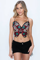FLORAL BEADED BUTTERFLY RHINESTONE LACE UP BACK BRALETTE TOP boho clothing, festival outfit, hippie style apparel | Elevated Hippie