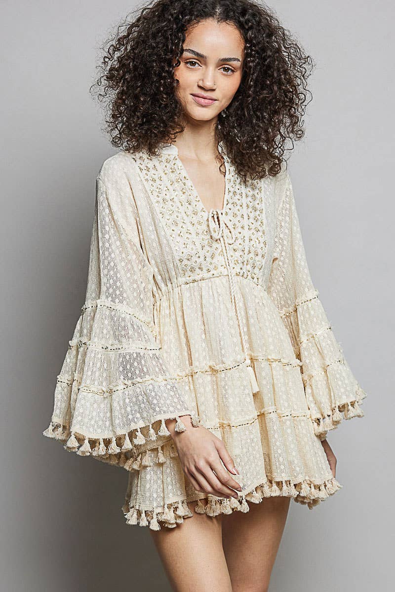 Split Embroidery Tassel Detail V-Neck Flared Short Dress boho clothing, festival outfit, hippie style apparel | Elevated Hippie