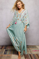 V-Neck Tassel Glint Embroidery Cotton Flowy Fit Maxi Dress boho clothing, festival outfit, hippie style apparel | Elevated Hippie