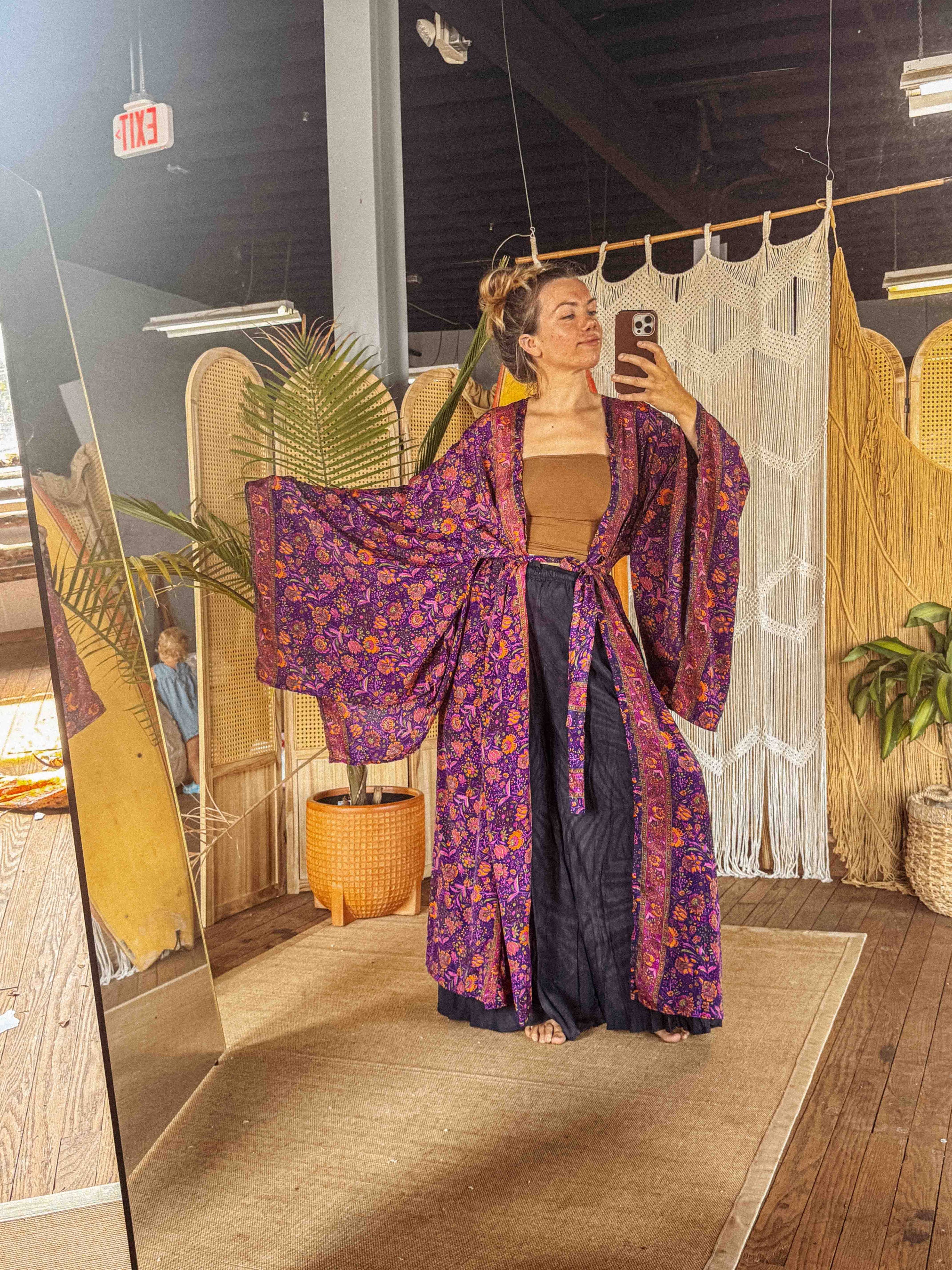 Gardenbelle Shop - BOHO Silk Bell Sleeve Long Maxi Kimono Duster Cardigan boho clothing, festival outfit, hippie style apparel | Elevated Hippie