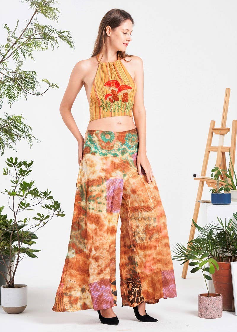 Multi-patch Wide-Leg Elastic Waist Pants (KT-1401) boho clothing, festival outfit, hippie style apparel | Elevated Hippie