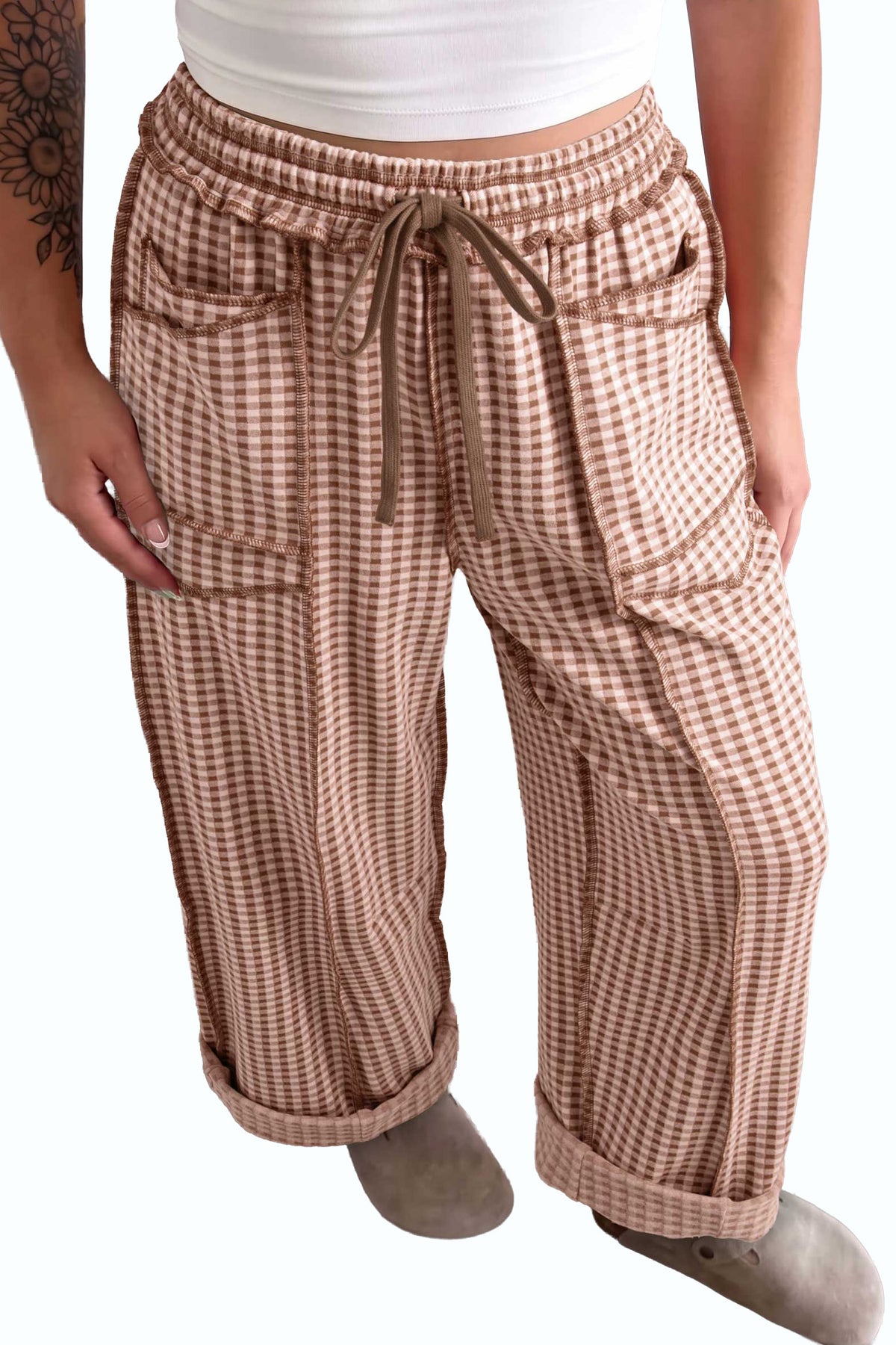Brown Plaid Drawstring Elastic Waist Pants