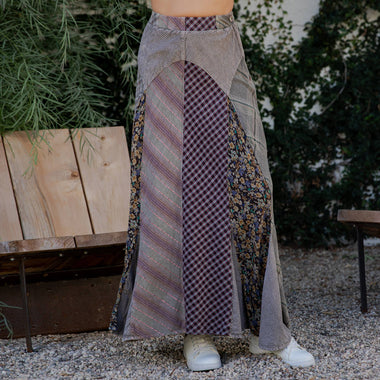 Boho Bias-Cut Skirt in Plaid Print & Stripe, Mixed Media  - The Elevated Hippie